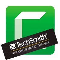 Icône de TechSmith Camtasia avec le badge de formateur recommandé TechSmith en travers