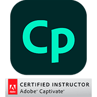 Logo Adobe Captivate avec le badge officiel de formateur certifié Adobe.