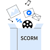 Illustration représentant une boîte en carton ouverte avec le logo SCORM dessus plusieurs types de contenus entrant dans la boîte